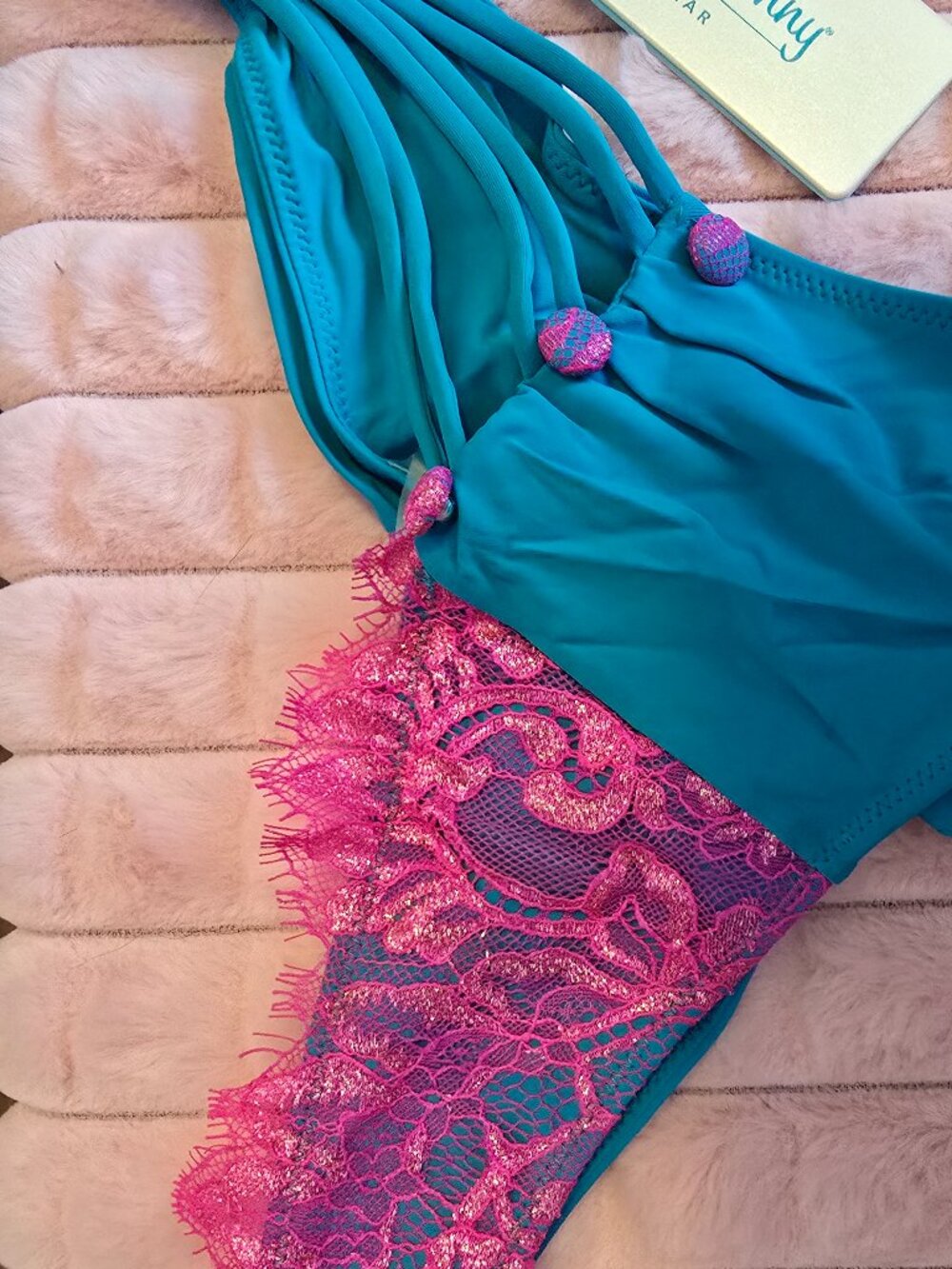 Teal Bikini Bottoms with pink lace